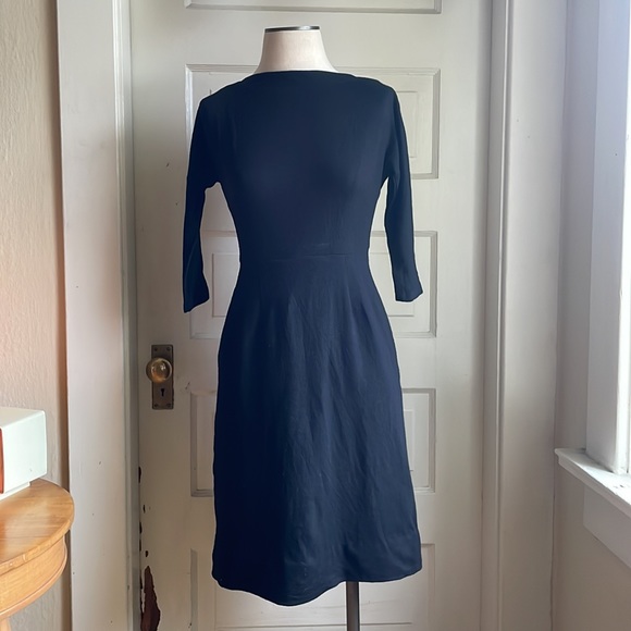 Vintage 1960’s Black Wool Wiggle Dress w Back Metal Zipper, Slash Neck & Pocket - Picture 2 of 16